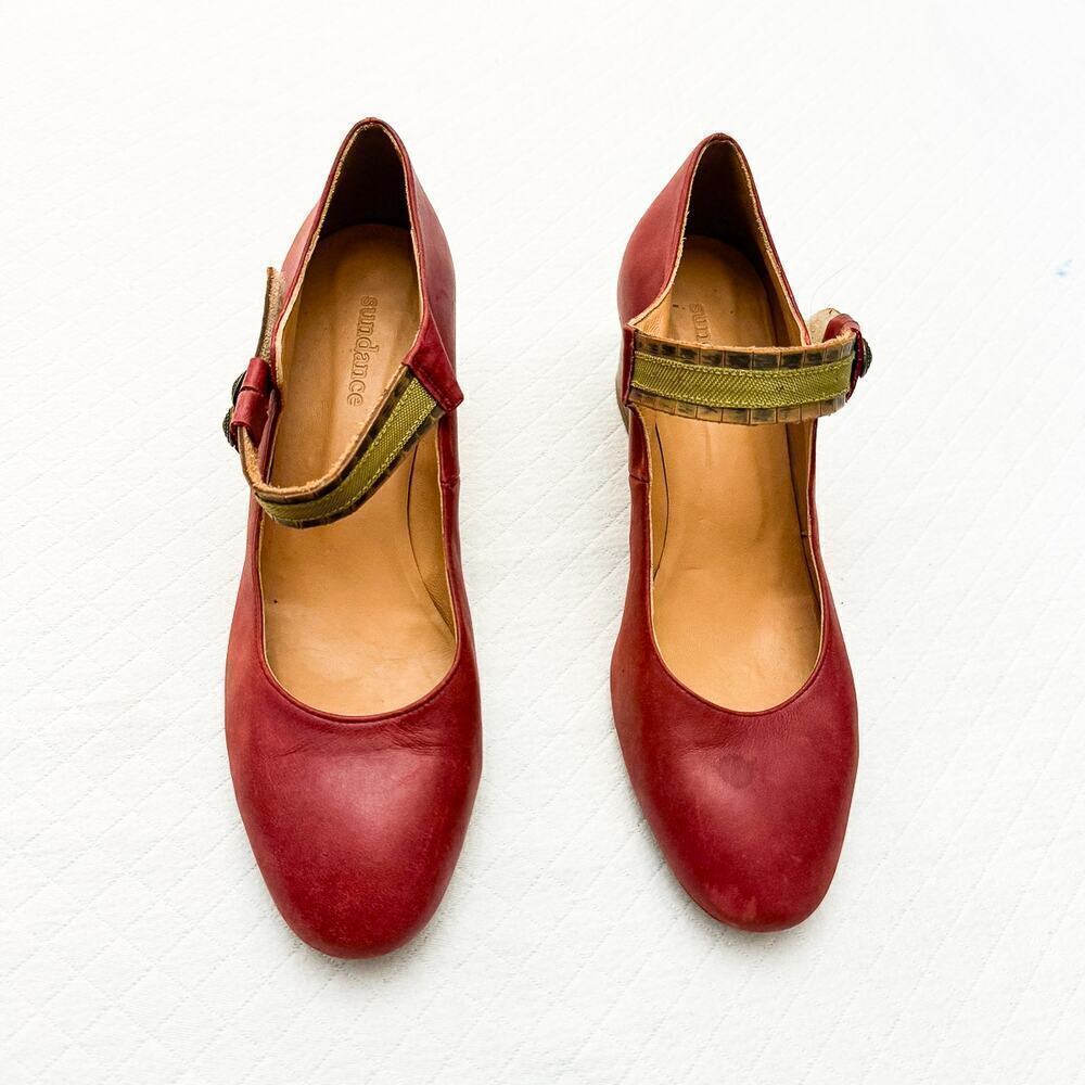 Sundance Red Leather Mary Jane Heels with Olive Strap Accent
